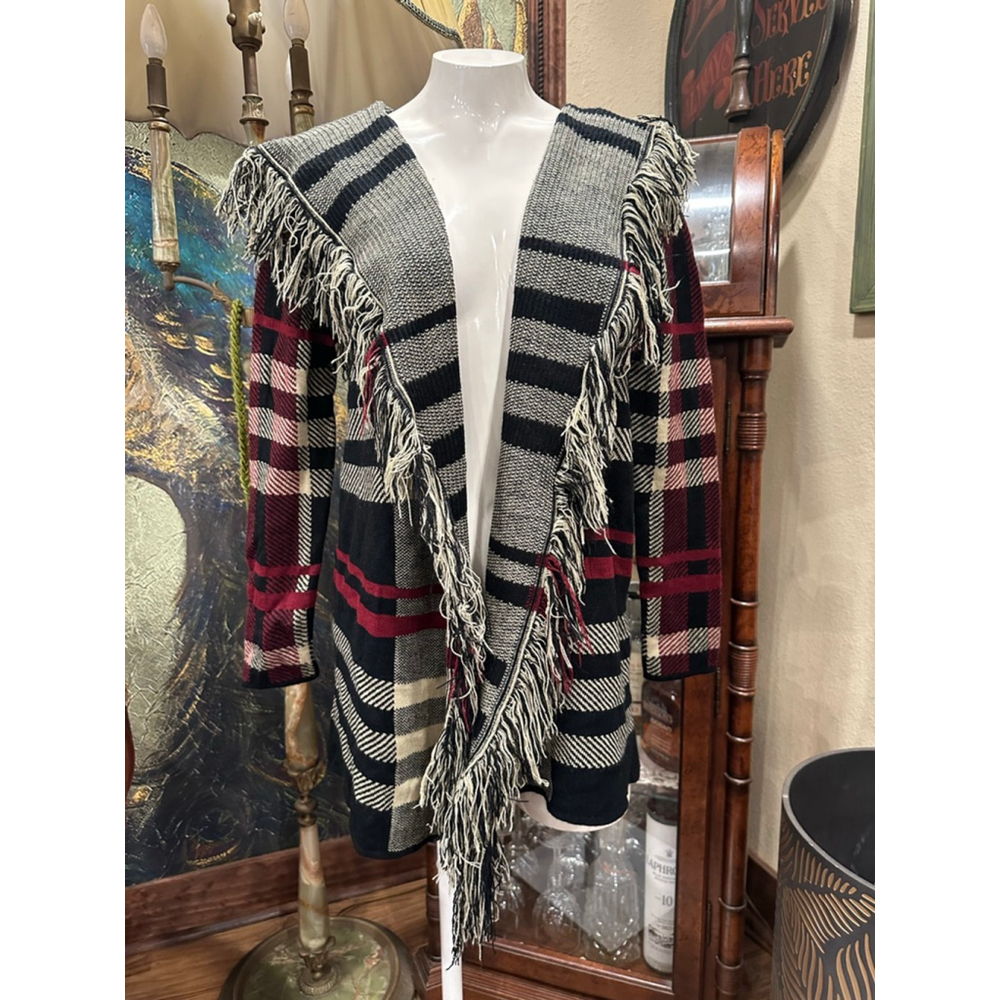 Signature Studio Plaid Fringe Cardigan Black Red Women's S